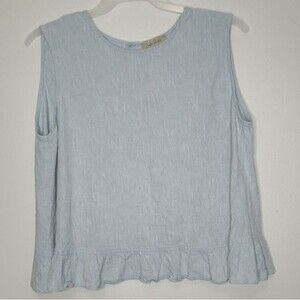 Charlie Paige blue linen partial open back ruffle boxy summer casual top size xl